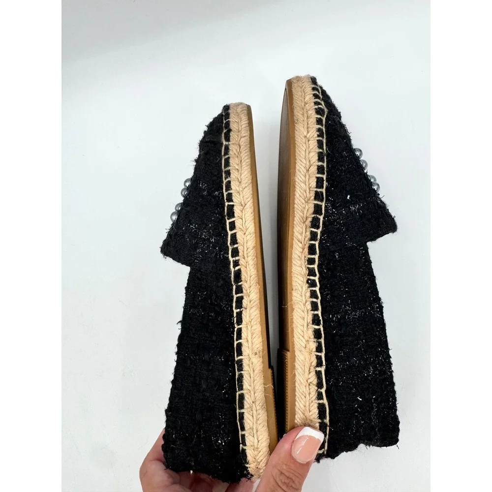 Tory Burch Espadrilles Women 6.5 Black Pearl Logo Tweed Slip On